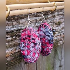 Oval Lace Knit Earrings Red Black Hand Dyed Yarn Floral Cotton